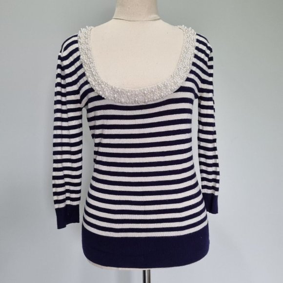 Review Blue & White Stripe Beaded Scoop Neck 3/4 Sleeve Jumper Size XS - Picture 2 of 7